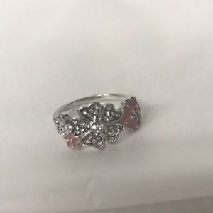Floral Rhinestone & Epoxy Novelty Ring Silvertone
